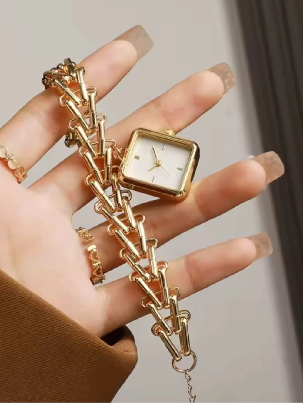 Gold-Tone Chain-Link Square Dial Women's Watch